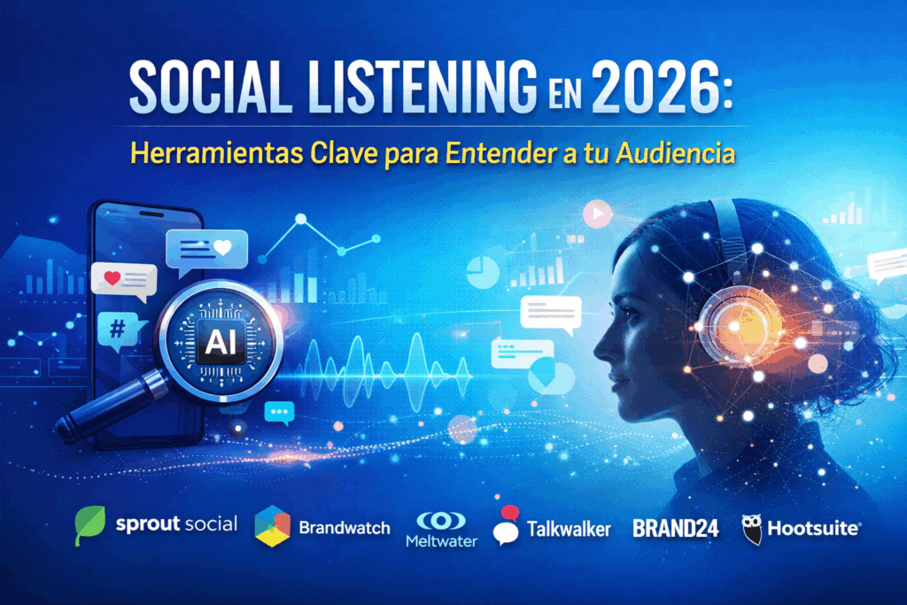 Ilustración sobre social listening en 2026 con inteligencia artificial, análisis de datos, monitoreo de redes sociales y herramientas como Sprout Social, Brandwatch, Meltwater, Talkwalker, Brand24 y Hootsuite.