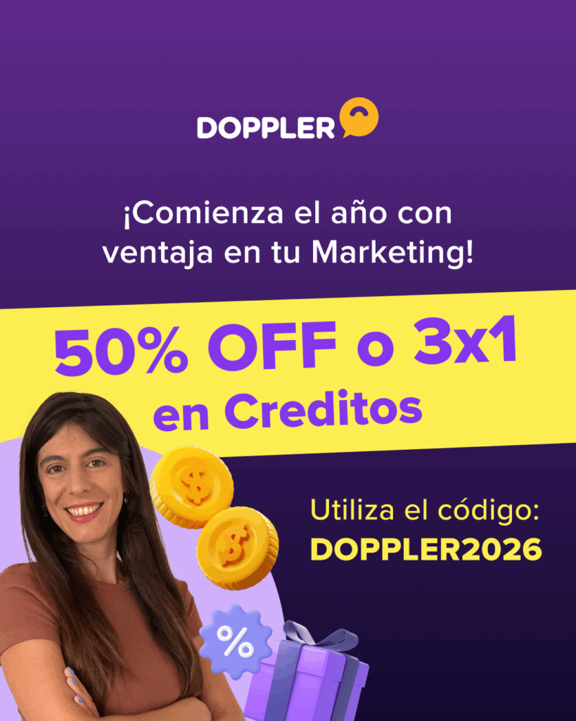 Beneficio exclusivo RED de Marketing Latam y Doppler: 50% OFF o 3x1 en créditos para cuentas nuevas. Promoción de Email Marketing con código DOPPLER2026.