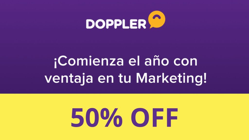 Banner Doppler con promoción 50% OFF en planes de Email Marketing. Beneficio exclusivo para miembros de la RED de Marketing Latam con código DOPPLER2026.