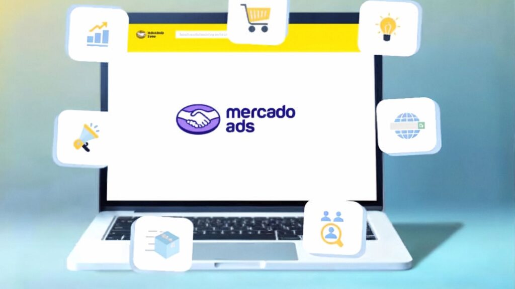 Imagen institucional que representa el ecosistema publicitario de Mercado Ads dentro de Mercado Libre. En la pantalla se visualiza el logo de Mercado Ads rodeado de íconos vinculados a ecommerce, data, segmentación, conversión y crecimiento digital, simbolizando el liderazgo de la plataforma en retail media en Latinoamérica.