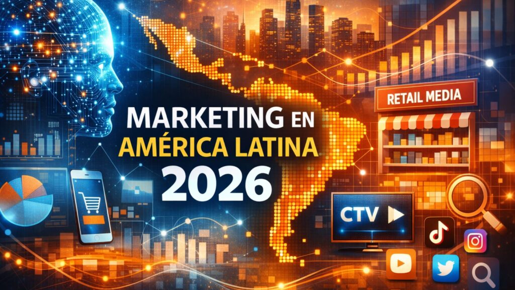 Marketing en América Latina 2026 con mapa digital de la región, inteligencia artificial, ecommerce, retail media, CTV y redes sociales en entorno tecnológico.