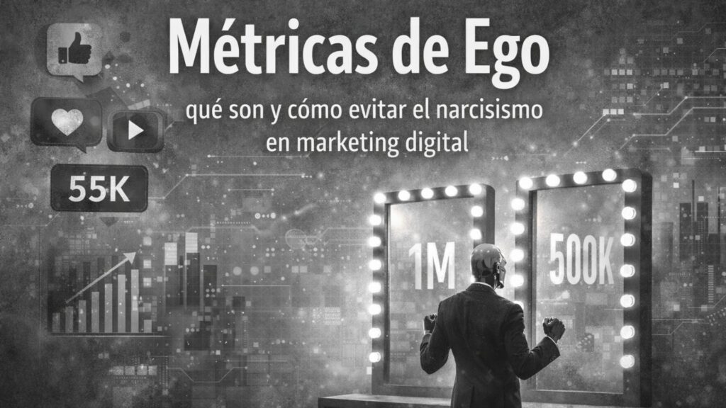 Métricas de ego en marketing digital: visual con indicadores de likes, reproducciones y seguidores que representan el narcisismo de datos sin impacto real en resultados.