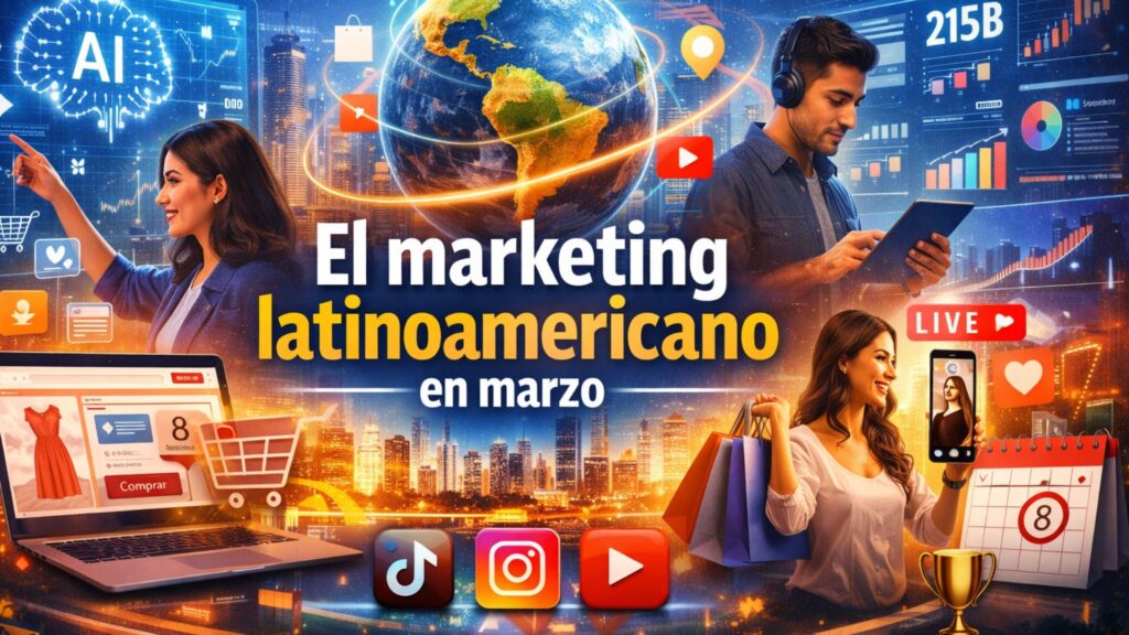 Profesionales de marketing analizando métricas digitales con gráficos de IA y e-commerce en América Latina 2026.