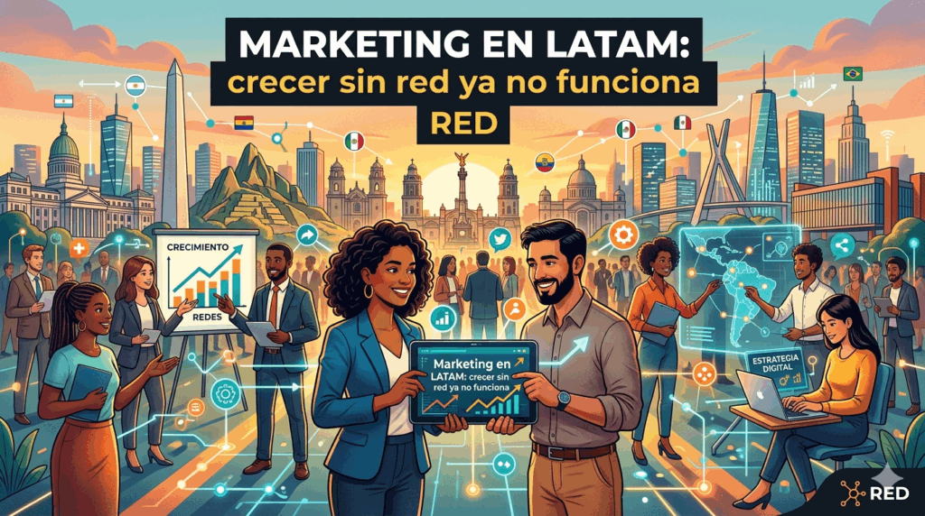 Profesionales de marketing en Latinoamérica colaborando frente a un horizonte urbano con íconos de conexión digital y el título "Marketing en LATAM: crecer sin red ya no funciona".