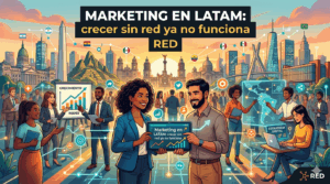 Profesionales de marketing en Latinoamérica colaborando frente a un horizonte urbano con íconos de conexión digital y el título "Marketing en LATAM: crecer sin red ya no funciona".